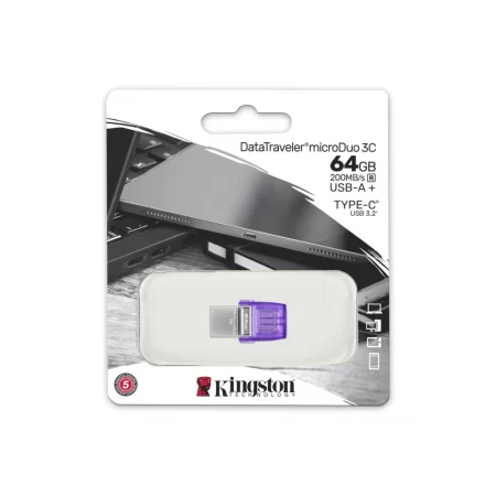 Memoria USB Kingston DataTraveler MicroDuo 3C, 64GB, USB A/C, Lectura 200MB/s, Morado - Imagen 3