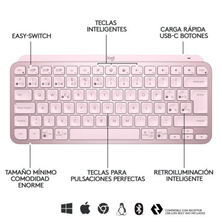 Teclado Logitech Mx Keys Mini, Inalámbrico, RF Wireless/Bluetooth, Rosa (Español) - Imagen 3