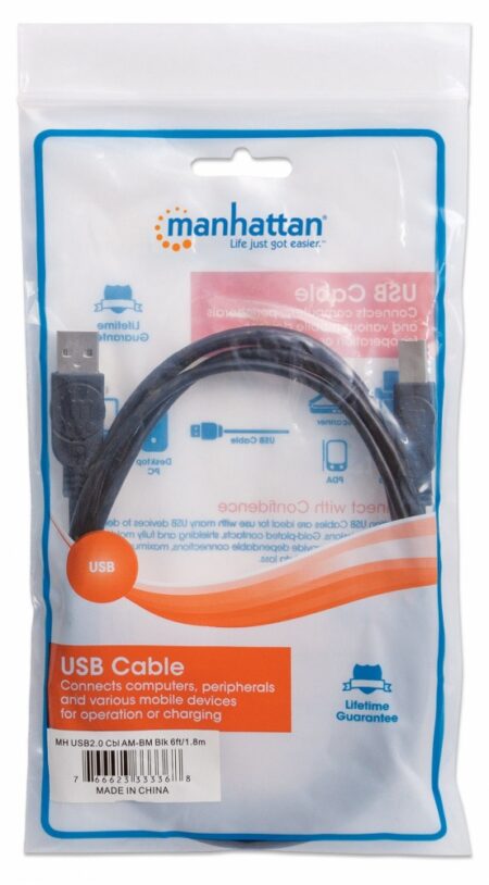 Manhattan Cable para Dispositivos USB de Alta Velocidad, USB 2.0 A Macho - USB 2.0 B Macho, 1.8 Metros, Negro - Imagen 3